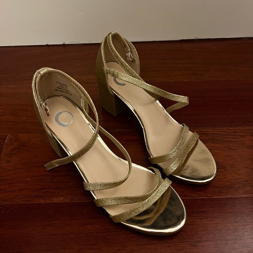 Women's Gold Strappy Block Heel Sandals with Ankle Strap